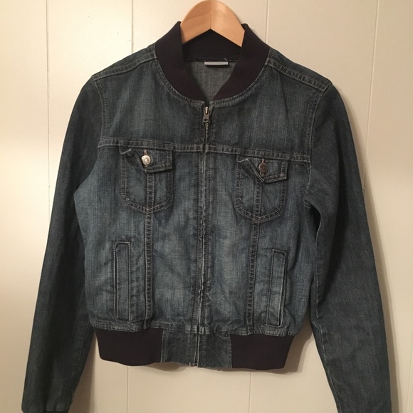 李Nordstrom Halogen Denim Bomber Jacket Medium - Picture 2 of 7